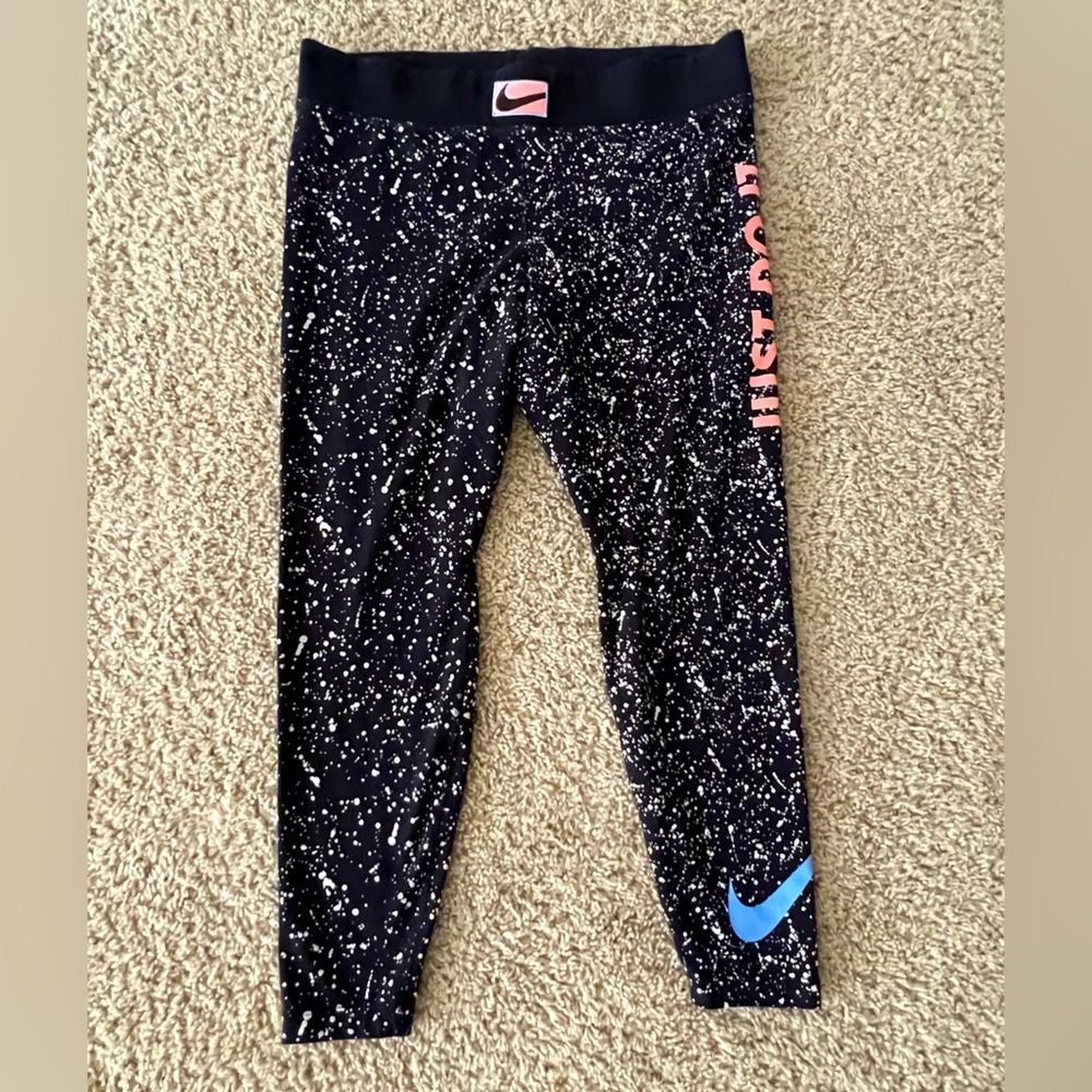 Nike Black Splatter Leggings with Pink and Blue Accents